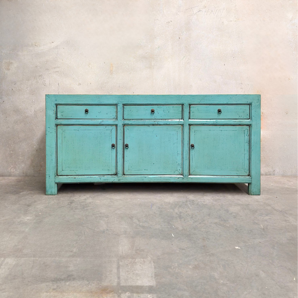 Lacquered Elm 3 Drawer 3 Door Buffet | Teal