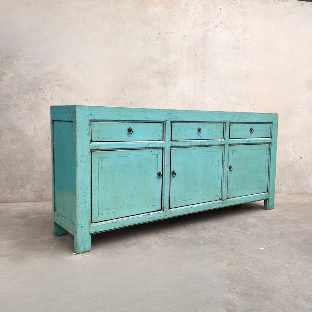 Lacquered Elm 3 Drawer 3 Door Buffet | Teal